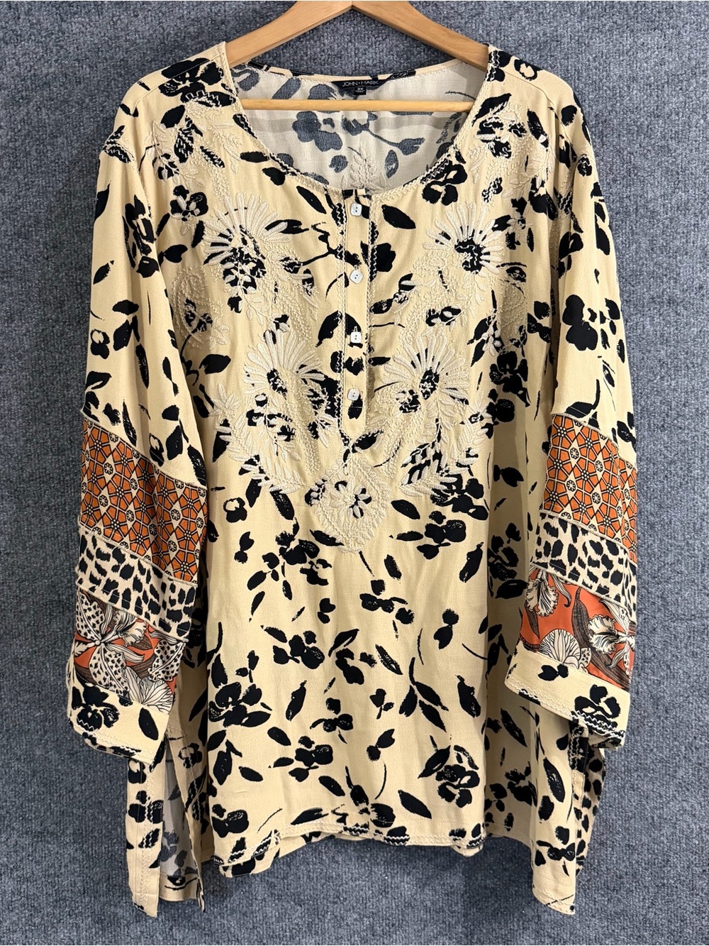 John Mark Womens 3X Embroidered Tunic Blouse Mixed Print Animal Floral Boho